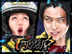  1boy 1girl avataro_sentai_donbrothers black_border black_eyes black_hair border close-up helmet highres in-franchise_crossover kito_haruka no.1_sentai_gozyuger open_mouth parted_lips seiler555 super_sentai tono_hoeru vs white_helmet 