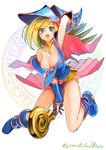  :d bangs bare_shoulders between_legs blonde_hair blue_footwear blue_hat blush_stickers boots breasts cape choker cleavage dark_magical_circle dark_magician_girl duel_monster eyebrows eyebrows_visible_through_hair floating_hair full_body green_eyes hair_between_eyes hand_between_legs hat highres iltusa large_breasts long_hair magic_circle off_shoulder open_mouth pentacle pentagram riding shiny shiny_skin smile solo staff twitter_username vambraces white_background wizard_hat yuu-gi-ou yuu-gi-ou_duel_monsters 