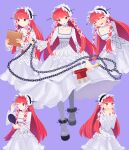  1girl absurdres applying_makeup arms_behind_back axe brown_eyes closed_eyes collarbone dress frilled_hairband frills grey_shoes hair_ribbon hairband hand_mirror head_tilt highres holding holding_axe holding_mirror holding_sketchbook leaning_forward lolita_fashion long_hair long_sleeves looking_at_viewer mirror multiple_girls one_eye_closed open_mouth persona persona_3 purple_background red_hair ribbon shoes sidelocks simple_background sketchbook smile spiked_anklet tress_ribbon white_dress white_ribbon yomyompi yoshino_chidori 