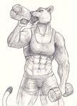  2016 anthro bulge clothed clothing drinking feline fur lion male mammal muscular navel open_mouth shorts simple_background solo spectrumshift teeth tongue tongue_out traditional_media_(artwork) vein water weights white_background 