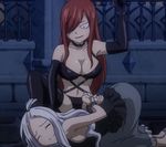  2girls bent_over bra breasts city cleavage collar erza_scarlet eyes_closed fairy_tail gloves hair_ornament large_breasts long_hair lying mirajane_strauss multiple_girls naughty_face night outdoors red_hair screencap slave smile tied_up white_hair yuri 