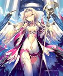  blonde_hair breasts copyright_name hair_between_eyes long_hair medium_breasts nekonabe_ao official_art shingoku_no_valhalla_gate smile solo staff tiara watermark yellow_eyes 