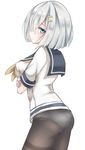  ass blue_eyes breast_hold breasts crossed_arms from_behind from_side hair_ornament hair_over_one_eye hairclip hamakaze_(kantai_collection) highres kantai_collection large_breasts looking_at_viewer no_pants panties panties_under_pantyhose pantyhose parted_lips school_uniform serafuku short_hair short_sleeves silver_hair solo tokoi underwear white_background 