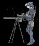  absurdres armor armored_bodysuit black_background bodysuit closed_mouth combat_helmet english_commentary expressionless field_radio from_side full_body goddess_of_victory:_nikke grey_bodysuit grey_hair gun headset helmet highres holding holding_gun holding_weapon load_bearing_vest military ogirin3948 product_08_(nikke) scope short_hair sidelocks standing tripod weapon yellow_eyes 