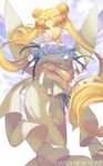  2014 bishoujo_senshi_sailor_moon blonde_hair blue_eyes bouquet double_bun dress earrings flower hair_ornament happy_new_year highres jewelry joseph_lee long_hair new_year princess_serenity rose smile solo tsukino_usagi twintails wings 
