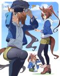 1girl animal_ears bag ball baseball baseball_(object) baseball_mitt black_pantyhose blue_eyes blue_jacket blue_sky blush boots bow brown_boots brown_hair cloud hair_between_eyes highres hood hood_down hoodie horse_ears horse_girl horse_tail jacket long_hair long_sleeves multicolored_hair nishiki_kazue pantyhose pantyhose_under_shorts parted_lips pitching ponytail shorts shoulder_bag sky smile standing standing_on_one_leg streaked_hair tail teeth tokai_teio_(umamusume) two-tone_hair umamusume white_hair white_hoodie yellow_shorts 