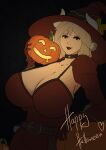animal_humanoid belt big_breasts black_background black_eyeshadow black_lips black_lipstick bovid bovid_humanoid bovine bovine_humanoid breasts brown_hair cattle_humanoid choker cleavage clothed clothing dress english_text eyeshadow female food fruit furgonomic_hat furgonomic_headwear furgonomics hair halloween happy_halloween hat headgear headwear hi_res holidays horn horn_through_headwear huge_breasts humanoid jack-o'-lantern jewelry lips lipstick looking_at_viewer makeup mammal mammal_humanoid molly_(randomtanstudio) necklace not_furry plant pumpkin randomtanstudio red_clothing red_dress red_hat red_headwear simple_background smile solo text white_horn witch_costume witch_hat