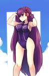  bare_arms bare_shoulders bb_(fate)_(all) bb_(fate/extra_ccc) blue_sky blush boa_(brianoa) breasts closed_mouth competition_swimsuit covered_navel fate/extra fate/extra_ccc fate_(series) feet_out_of_frame hair_ribbon hands_in_hair highres impossible_clothes impossible_swimsuit large_breasts legs_apart long_hair looking_at_viewer one-piece_swimsuit profile purple_hair purple_swimsuit red_eyes red_ribbon ribbon sky smile solo standing swimsuit very_long_hair 