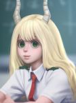  1girl bangs blonde_hair boku_no_hero_academia closed_mouth collared_shirt commentary english_commentary eyelashes gohpot green_eyes highres horns lips long_hair looking_at_viewer necktie nose red_neckwear shirt short_sleeves solo tsunotori_pony white_shirt wing_collar 