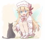  :d animal black_cat blonde_hair blue_eyes blush bow capelet cat dress fairy_wings full_body hand_on_own_knee hat hat_bow lily_white loafers long_hair long_sleeves loose_socks open_hand open_mouth ribbon shoes smile socks solo squatting touhou very_long_hair white_dress wide_sleeves wings yutamaro 