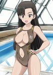  black_eyes black_hair blush breasts cleavage girls_und_panzer inoshira large_breasts navel nishi_kinuyo pool rei_no_pool smile solo swimsuit 