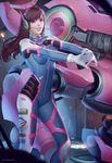  audia_pahlevi bodysuit brown_hair d.va_(overwatch) facial_mark facial_tattoo headphones highres long_hair looking_at_viewer md5_mismatch mecha meka_(overwatch) overwatch pilot_suit resized smile solo tattoo upscaled whisker_markings 