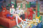  2girls absurdres bare_shoulders bat_(animal) black_eyes black_hair black_pantyhose breasts cellphone closed_eyes coach crossed_legs digimon digimon_(creature) digimon_story:_time_stranger dragon dress elecmon flip_phone fuura gomamon green_dress green_eyes grey_eyes grey_hair grey_shirt grey_skirt group_picture guilmon highres holding holding_phone indoors minase_inori miniskirt multiple_girls pantyhose patamon phone picodevimon pleated_skirt seal_(animal) shirt short_dress shoutmon sitting skirt terriermon terriermon_joshu thighhighs twitter_username two-tone_dress white_dress white_thighhighs yuuki_kanan 