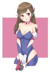  :d adapted_costume armlet bangs bare_shoulders blue_legwear blue_leotard blunt_bangs blush breasts brown_hair charm_(object) cleavage collarbone covered_navel cowboy_shot cropped_legs d.va_(overwatch) elbow_pads eyebrows eyebrows_visible_through_hair facepaint facial_mark gloves gun handgun hands_together head_tilt headphones heart holding holding_gun holding_weapon impossible_clothes impossible_leotard jewelry large_breasts legs_apart leotard long_hair looking_at_viewer neck_ring open_mouth overwatch parted_bangs pilot_suit pinky_out raised_eyebrows red_eyes ribbed_leotard robot_ears sameya_(ara7569) simple_background skin_tight smile solo spoken_heart standing strapless strapless_leotard thighhighs two-tone_background v_arms weapon whisker_markings white_gloves 