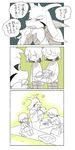  ambiguous_gender anthro asriel_dreemurr blush boss_monster caprine chara_(undertale) claws clothed clothing comic eating eyes_closed food fur goat group horn human japanese_text long_ears male mammal monochrome protagonist_(undertale) red_eyes robes sitting smile text translation_request undertale video_games 