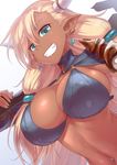  almeida_(granblue_fantasy) aqua_eyes blonde_hair breasts cleavage dark_skin draph earrings fingerless_gloves gloves granblue_fantasy grin horns jewelry large_breasts long_hair looking_at_viewer navel ono_misao pointy_ears simple_background smile solo white_background 