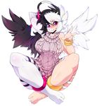  arm_behind_head bad_id bad_tumblr_id black_hair black_wings breasts full_body halo highres horn huge_breasts long_hair multicolored multicolored_hair multicolored_skin original pale_skin pink_eyes slugbox smile solo split_theme sweater transparent_background turtleneck two-tone_hair two-tone_skin white_wings wings 