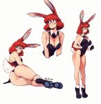  1girl absurdres animal_ears arm_support artist_name ass aurora_(league_of_legends) black_leotard blue_eyes body_freckles breasts cleavage cropped_torso detached_collar freckles from_behind full_body glasses gloves highres large_breasts leotard looking_back looking_to_the_side lying medium_hair multiple_views on_side original parted_lips paw_shoes rabbit_ears rabbit_girl rabbit_tail raichiyo33 red_hair round_eyewear simple_background standing tail upper_body 