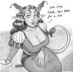 2025 2_horns 5_fingers belt big_breasts bingoblin black_eyebrows black_hair black_tail_tuft breasts cleavage clothed clothed_female clothed_humanoid clothing demon demon_humanoid digital_drawing_(artwork) digital_media_(artwork) dress ear_piercing english_description eyebrows eyelashes female female_humanoid fingers grey_clothing grey_dress grey_eyes grey_lips grey_tail greyscale hair hi_res horn horn_jewelry horned_humanoid humanoid humanoid_pointy_ears jewelry light lighting lips long_tail looking_at_viewer lukka_(bingoblin) monochrome onomatopoeia open_mouth open_smile patting_lap piercing pointy_ears portrait shaded sitting smile smiling_at_viewer solo sound_effects tail tail_tuft tailed_humanoid talking_to_viewer text three-quarter_portrait tuft wavy_hair