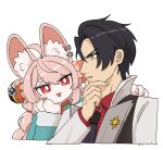  1boy 1girl ahoge animal_ear_fluff animal_ear_piercing animal_ears black_hair black_necktie braid braided_twintails bright_pupils claws damian_blackwood from_side furry furry_female green_shirt hair_between_eyes hand_on_another's_shoulder hand_on_own_chin highres jacket lapel_pin long_hair looking_at_another necktie o-ring_necktie open_mouth parted_lips pink_fur pink_hair popochi_fuwa rabbit_ears rabbit_girl red_shirt screw shirt short_eyebrows short_hair simple_background thick_eyebrows twitter_username upper_body v-shaped_eyebrows white_background white_jacket white_pupils yellow_eyes zenless_zone_zero zhao_(zenless_zone_zero) 
