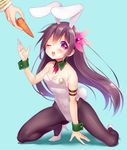  adapted_costume animal_ears black_hair bunny_ears bunny_tail bunnysuit carrot detached_collar kantai_collection kisaragi_(kantai_collection) kneeling long_hair minami_(apricot_tea) one_eye_closed pantyhose red_eyes solo_focus tail wrist_cuffs 