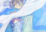  1girl arm_sling bangs blonde_hair blue_sky blush closed_eyes crying eyelashes from_side height_difference laundry looking_at_another pink_hair profile protagonist_(tokimemo_gs3) sakurai_ruka scarf short_hair sky tears tokimeki_memorial tokimeki_memorial_girl's_side tokimeki_memorial_girl's_side_3rd_story upper_body yukasu 