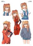  5girls ass blue_dress blue_eyes blue_shorts bodysuit breasts clone denim denim_shorts dress grey_shirt hair_between_eyes hair_ornament hair_over_shoulder hand_in_pocket hand_on_own_hip highres interface_headset_(evangelion) long_hair long_sleeves looking_at_viewer looking_back mecha_pilot_suit multiple_girls multiple_persona narrow_waist neon_genesis_evangelion orange_hair parted_lips plugsuit_(evangelion) profile red_bodysuit red_ribbon ribbon sailor_collar sailor_shirt sashimi_(sasihmi) school_uniform shirt short_sleeves shorts simple_background sleeves_past_wrists small_breasts smile souryuu_asuka_langley striped_bodysuit thighs tokyo-3_middle_school_uniform turtleneck turtleneck_bodysuit very_long_hair white_background white_shirt 