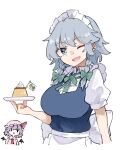  2girls apron ascot back_bow bat_wings blue_eyes bow bowtie braid character_print collared_shirt commentary deetamu flandre_scarlet food green_bow green_bowtie grey_hair hair_bow hat hat_ribbon highres holding holding_plate izayoi_sakuya long_hair maid maid_headdress mob_cap multiple_girls name_connection object_namesake one_eye_closed open_mouth pink_hat pink_shirt plate pointy_ears pudding puffy_short_sleeves puffy_sleeves purple_hair red_ascot remilia_scarlet ribbon shirt short_sleeves simple_background smile touhou twin_braids waist_apron white_background white_bow white_shirt wings 