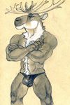  antlers bedroom_eyes bulge cervine clothed clothing crossed_arms front_view half-closed_eyes horn looking_at_viewer male mammal monochrome muscular pencil_(artwork) pinup pose reindeer seductive solo standing thong topless traditional_media_(artwork) tush 