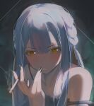  1girl absurdres bang_dream! bang_dream!_it's_mygo!!!!! black_nails blue_hair braid camisole cigarette commentary_request glint grey_camisole highres holding holding_cigarette indonesian_commentary kebohan long_hair nail_polish sidelocks solo strap_slip togawa_sakiko upper_body yellow_eyes 