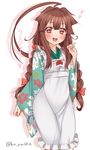  :d ahoge alternate_costume alternate_hairstyle apron blush braid brown_eyes brown_hair floral_print frills green_kimono hair_ornament hair_ribbon hair_scrunchie heart huge_ahoge japanese_clothes kantai_collection kimono ko_yu kuma_(kantai_collection) long_hair looking_at_viewer open_mouth print_kimono red_ribbon ribbon scrunchie smile solo twin_braids twitter_username wa_maid wide_sleeves yukata 