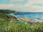  beach blue_sky commentary grass harusa1107 highres hill horizon island mountainous_horizon no_humans ocean original outdoors painting_(medium) rock scenery shore sky symbol-only_commentary traditional_media water 