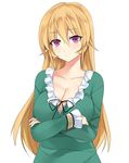  :&lt; blonde_hair breasts cleavage crossed_arms frown large_breasts long_hair nakiri_erina pink_eyes pout shokugeki_no_souma simple_background solo white_background yostxxx 