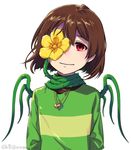  artist_name brown_hair chara_(undertale) flower head_tilt heart heart_necklace jewelry ko-on_(ningen_zoo) necklace plant red_eyes shirt solo spoilers striped striped_shirt thorns undershirt undertale upper_body vines wings 