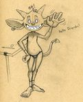  anthro barefoot big_ears clothing ear_piercing english_text eraser grin horn imp looking_at_viewer male monochrome motion_lines navel pencil_(artwork) pencil_(disambiguation) piercing solo standing table text thong traditional_media_(artwork) tush waving 