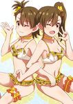  bikini black_eyes breasts brown_hair cleavage collar collarbone frilled_bikini frills futami_ami futami_mami hair_ornament idolmaster idolmaster_(classic) lieass long_hair looking_at_viewer medium_breasts multiple_girls navel one_eye_closed open_mouth siblings side_ponytail sisters swimsuit yellow_bikini 