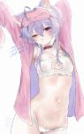  1girl absurdres ahoge animal_ears arms_up blindfold_on_head blush bra cat_cutout cat_ear_panties cat_ears cat_lingerie clothing_cutout collar dated frills goddess_of_victory:_nikke hair_between_eyes hair_intakes highres jacket liberalio_(nikke) looking_at_viewer miumiumi_99 panties pink_jacket purple_hair red_collar red_eyes short_hair_with_long_locks signature sleep_mask sleeves_past_fingers sleeves_past_wrists solo standing twintails twitter_username underwear white_background white_bra white_panties 