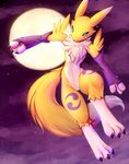  action_pose ambiguous_gender blue_eyes chest_tuft crunchobar digimon digital_media_(artwork) dipstick_tail fur moon multicolored_fur multicolored_tail outside renamon sky solo tuft two_tone_fur white_fur yellow_fur 
