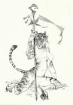  4_toes anthro bare_shoulders black_and_white claws cloth eyes_closed feline female fur greyscale mammal monochrome navel rock sitting sketch solo staff stripes tiger toes whiteraven90 