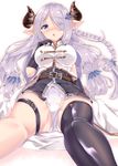  bad_anatomy black_gloves black_legwear blue_eyes blush braid breasts commentary_request demon_horns draph elbow_gloves eyebrows eyebrows_visible_through_hair fukuda_shuushi gloves granblue_fantasy hair_ornament hair_over_one_eye highres horns large_breasts lavender_hair long_hair looking_at_viewer narmaya_(granblue_fantasy) open_mouth panties pantyshot pointy_ears single_thighhigh sitting solo thigh_strap thighhighs underwear white_panties 