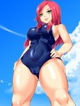  alternate_costume breasts cloud covered_navel day green_eyes hand_on_hip huge_breasts katarina_du_couteau league_of_legends lips long_hair looking_at_viewer mokko_(kamiko!) one-piece_swimsuit red_hair scar scar_across_eye sky smile solo swimsuit 