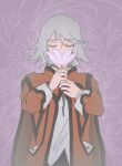  black_trim closed_eyes coat floral_background flower highres holding holding_flower orange_coat purple_background raine_sage shirt sidelocks sleeve_cuffs smelling smelling_flower smsmsms2021 swept_bangs tales_of_(series) tales_of_symphonia white_hair white_shirt 