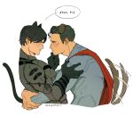  2boys animal_ears arm_up arms_around_waist bageltopia batman batman_(series) black_gloves black_hair blue_bodysuit blush bodysuit cape cat_boy cat_ears cat_tail commentary dc_comics dog_ears dog_tail english_text eye_contact from_side gloves grey_bodysuit hand_on_another's_arm hand_on_another's_chin highres kemonomimi_mode looking_at_another male_focus medium_sideburns motion_blur multiple_boys parted_lips profile red_cape simple_background speech_bubble superman superman_(series) symbol-only_commentary tail tail_wagging twitter_username white_background yaoi 
