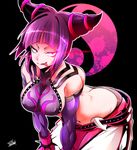  :p ass bad_id bad_pixiv_id belt black_hair bracelet breasts butt_crack covered_nipples detached_sleeves drill_hair dudou glowing glowing_eye halter_top halterneck han_juri hands_on_thighs jewelry large_breasts leaning_forward marimo_(yousei_ranbu) multiple_belts purple_eyes sideboob solo spiked_bracelet spikes street_fighter street_fighter_iv_(series) toned tongue tongue_out twin_drills 