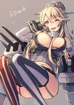  ;d american_flag_legwear bare_shoulders belt blonde_hair blue_eyes breasts character_name cleavage elbow_gloves fingerless_gloves garter_straps gloves hair_between_breasts highres iowa_(kantai_collection) kantai_collection large_breasts long_hair machinery midriff miniskirt mismatched_legwear navel one_eye_closed open_mouth shirt simple_background skirt smile solo star star-shaped_pupils striped striped_legwear symbol-shaped_pupils tahya thighhighs tied_shirt vertical-striped_legwear vertical_stripes 