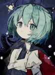  1girl absurdres antennae black_cape cape closed_mouth collared_shirt green_eyes green_hair hair_between_eyes highres long_sleeves red_cape shirt solo soresaki touhou two-sided_cape two-sided_fabric upper_body white_shirt wriggle_nightbug 