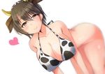  all_fours animal_ears animal_print bare_shoulders bikini_top black_hair blush bottomless breasts brown_eyes cleavage cow_ears cow_horns cow_print gaichi horns idolmaster idolmaster_cinderella_girls large_breasts looking_at_viewer oikawa_shizuku short_hair smile solo 