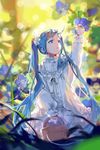  :&lt; absurdres ahoge bangs basket blue_eyes blue_flower blue_hair blurry bokeh closed_mouth cowboy_shot depth_of_field dress flower hair_ribbon hand_up hatsune_miku highres holding layered_dress long_hair nature plant ribbon ribbon_trim rrr_(reason) shade solo swept_bangs twintails very_long_hair vocaloid white_dress wrist_cuffs 