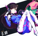  animal_print armor bad_id bad_pixiv_id bangs bodysuit boots breasts brown_eyes brown_hair bubble_blowing bunny bunny_print character_name chewing_gum d.va_(overwatch) facial_mark gloves hand_up handheld_game_console headphones high_collar highres hwansang large_breasts long_hair mecha meka_(overwatch) overwatch pauldrons pilot_suit playing_games playstation_vita skin_tight solo thigh_boots thighhighs turtleneck whisker_markings white_footwear white_gloves 