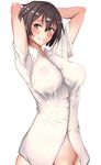  armpits arms_up blush breasts brown_hair covered_nipples grin highres hiryuu_(kantai_collection) huge_breasts kantai_collection long_hair naked_shirt satou_aji shirt simple_background smile solo 